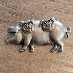 Vintage Pewter Pig Brooch with inset matching Piglet Earrings